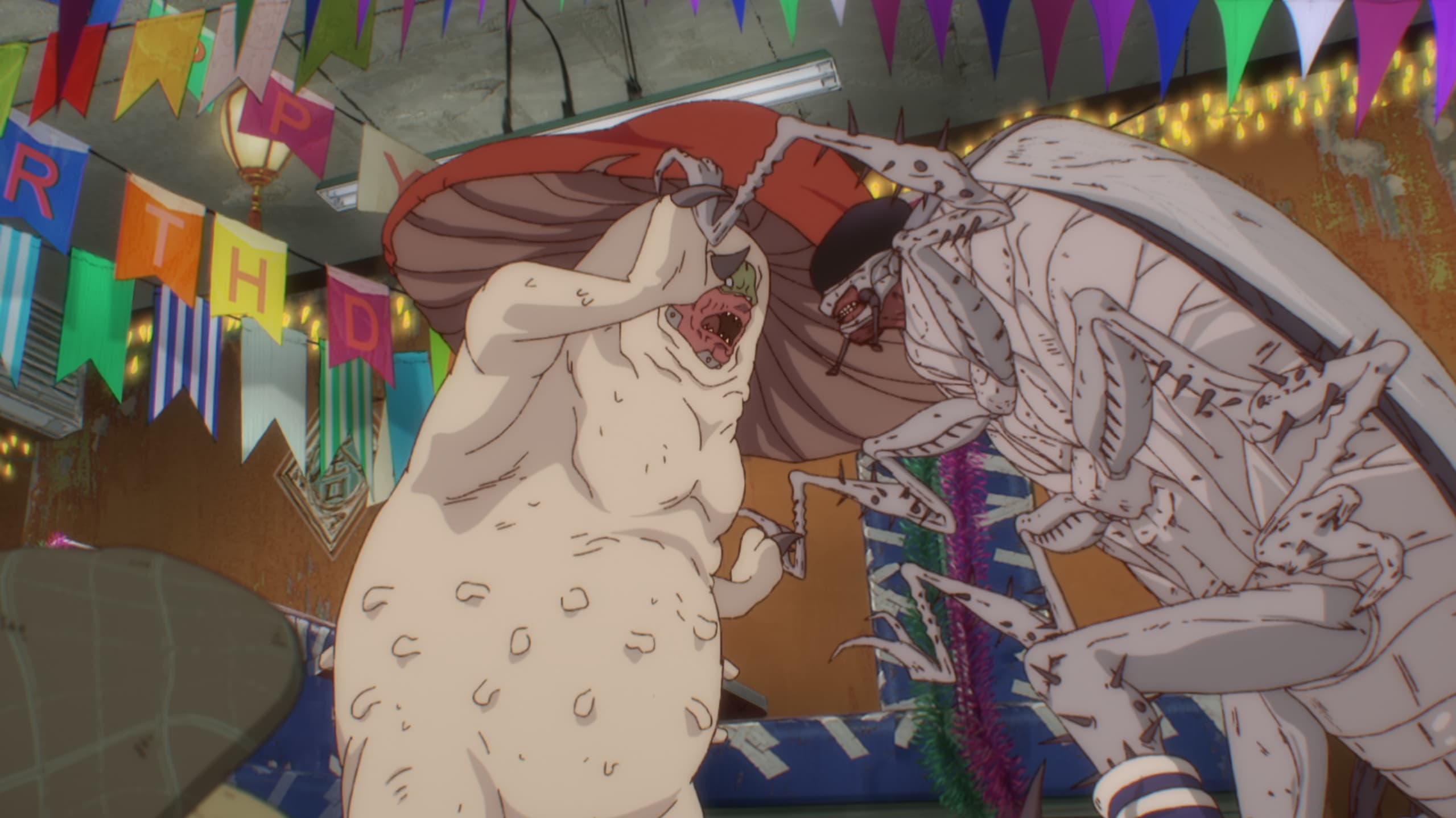 Dorohedoro characters casually eating after a violent event