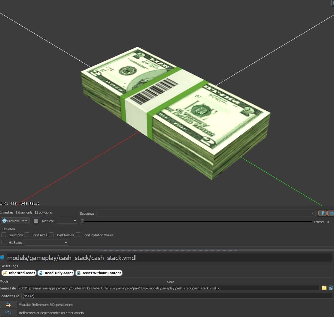In-game screenshot showing a cash stack item