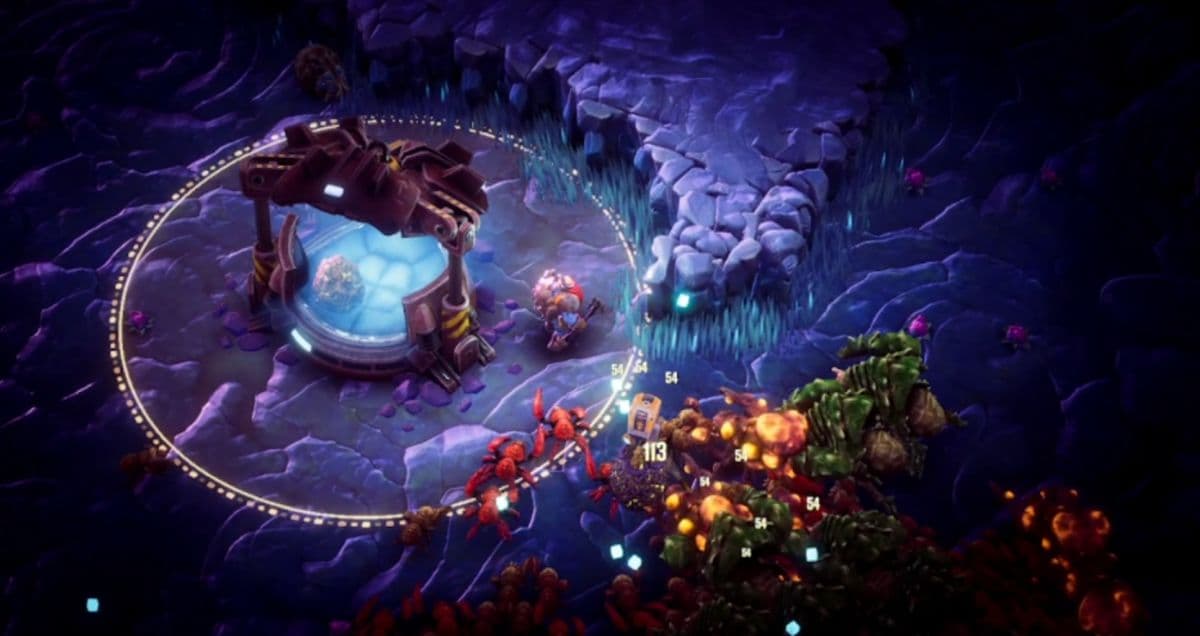 Deep Rock Galactic: Survivor character holding an egg in a cavern.