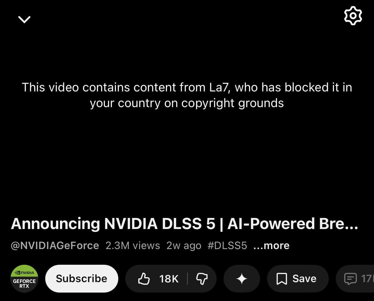 Screenshot of YouTube showing a video blocked due to copyright by La7