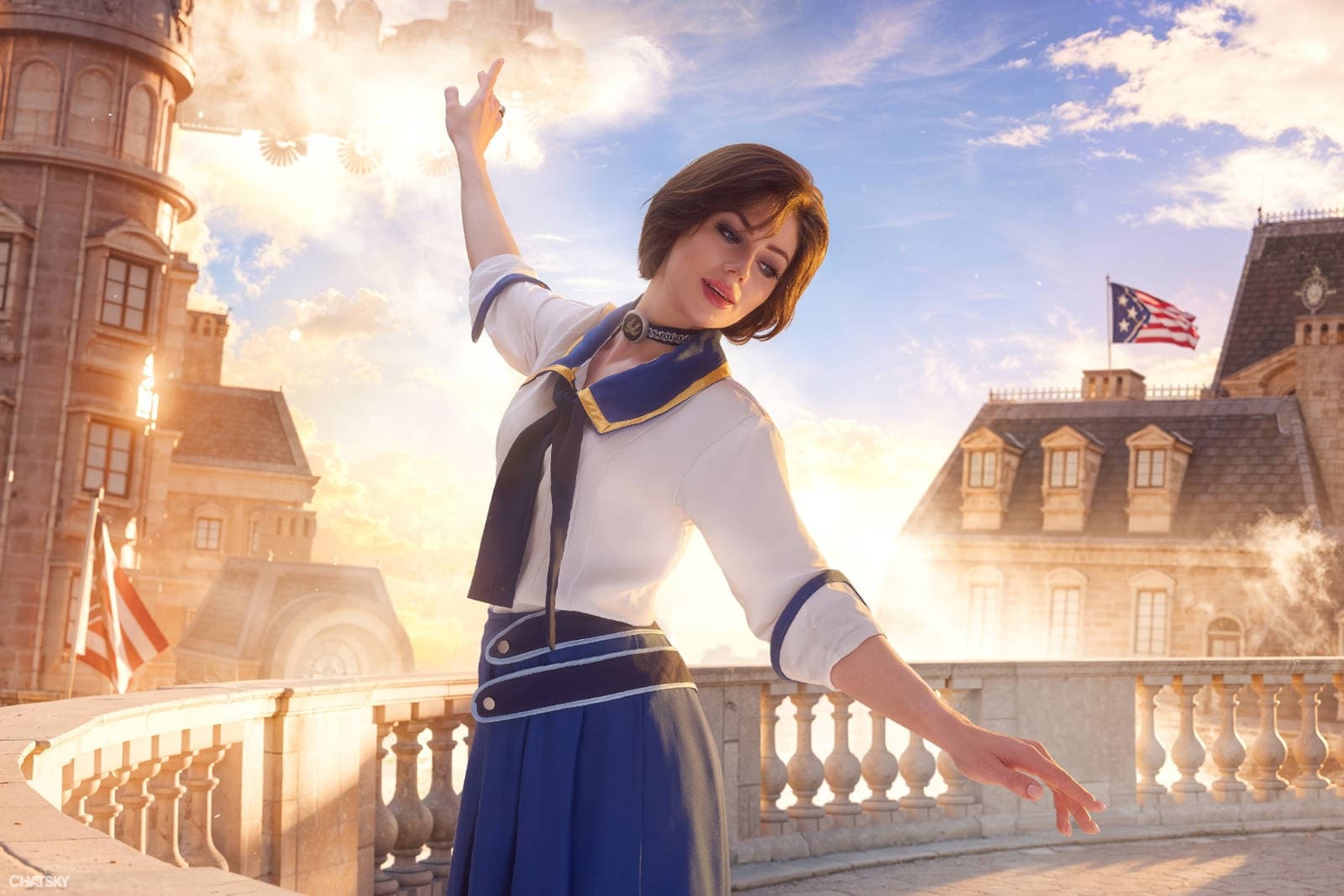 Elizabeth and Booker DeWitt cosplayers posing together