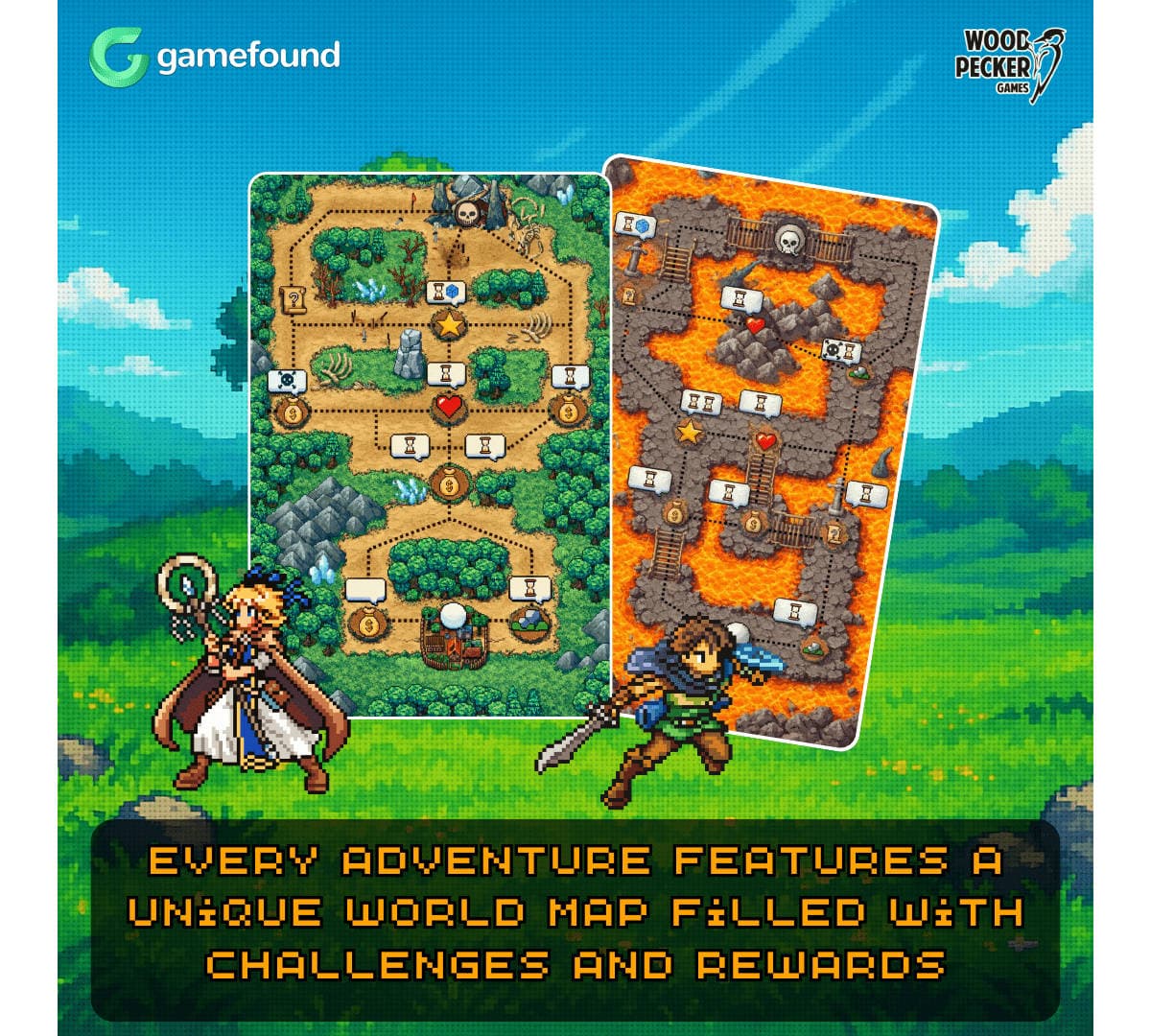 Detail of Wyrmhunt game cards featuring pixel art characters and abilities.