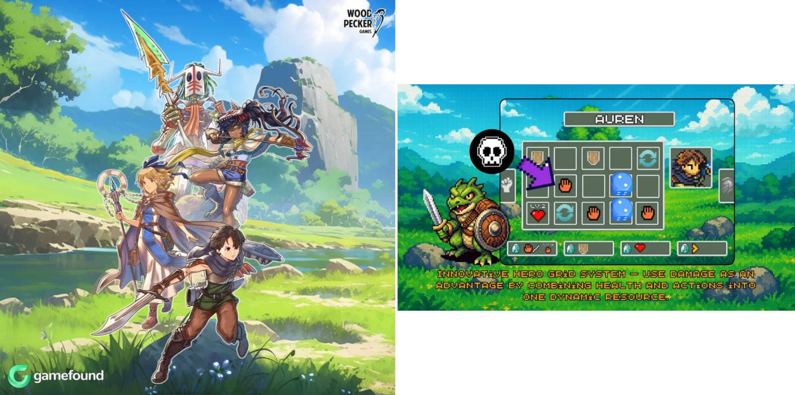 Wyrmhunt gameplay screenshot showing character cards and a battlefield.