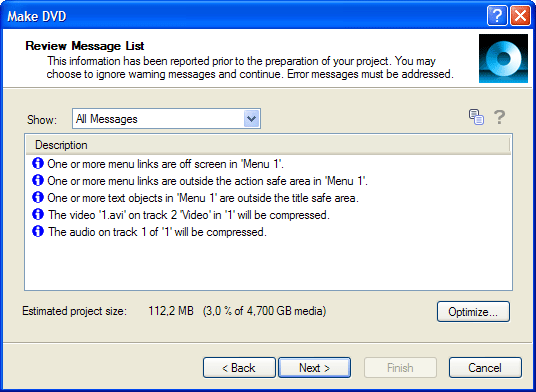 Вывод предупреждающих сообщений перед созданием диска в DVD Architect Pro
