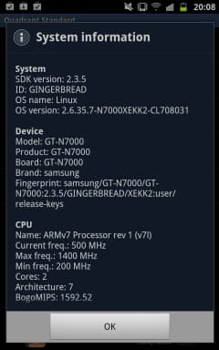 Galaxy Note, информация о системе