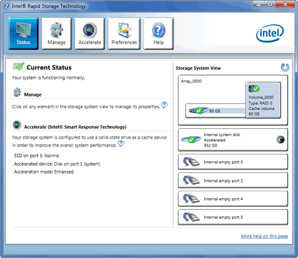 Статус дисковой системы после включения Smart Response
