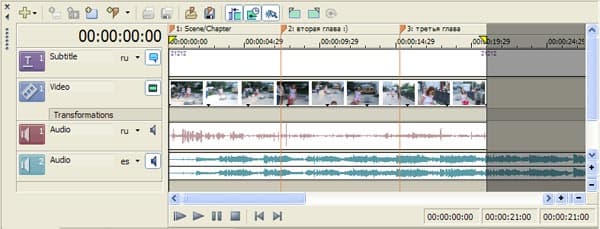 Панель Timeline, использующаяся при монтаже и сведении треков в DVD Architect Pro