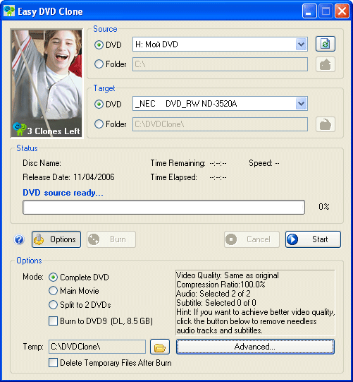 Рабочее окно Easy DVD Clone