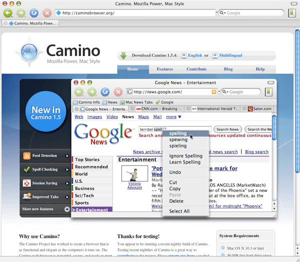 Рабочее окно Camino