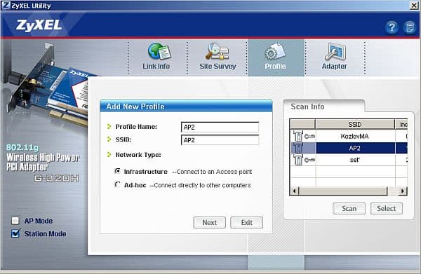 Рис.16 Создание профиля для PCI Wireless адаптера Zyxel G-320H