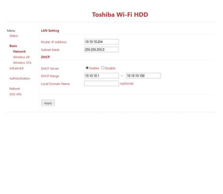 Веб-интерфейс Toshiba Canvio AeroCast