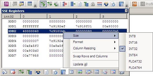 Окно отображения содержимого регистров SSE и контекстное меню
