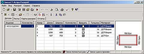 Перечень деталей в заказе