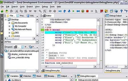 Рабочая область Zend Studio