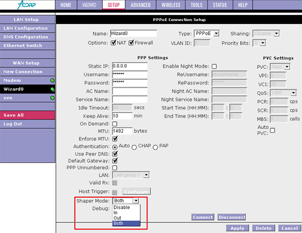 включение шейпера трафика в модеме ACORP Sprinter@ADSL
