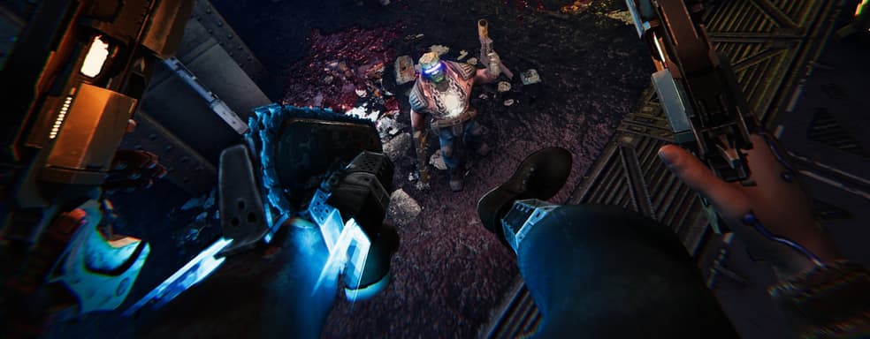 Игровой процесс киберпанк-боевика Turbo Overkill в духе DOOM и Quake с ногой-бензопилой у главного героя