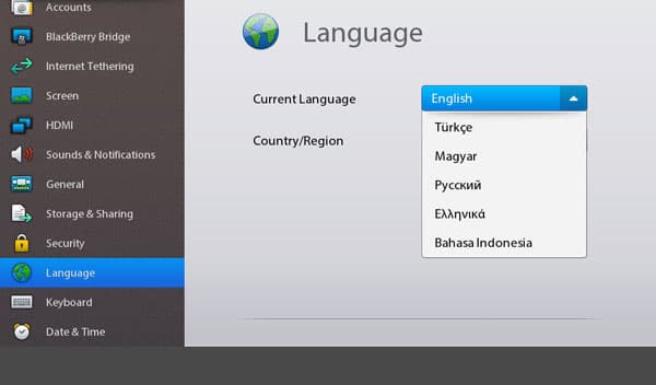 Настройки языка на планшете RIM BlackBerry PlayBook